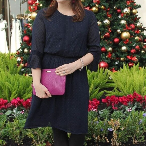 4 BANANA REPUBLIC CLASSIC CHIFFON SWISS DOT FLUTTER SLEEVE NAVY BLUE LINED DRESS - Picture 2 of 14